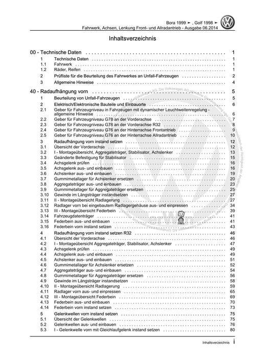 Bora (1999 - 2006) Bora-Bora Variant Reparaturanleitung Fahrwerk, Achsen, Lenkung Front- und Allradantrieb