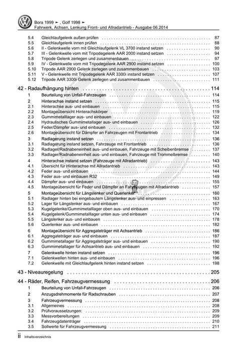 Bora (1999 - 2006) Bora-Bora Variant Reparaturanleitung Fahrwerk, Achsen, Lenkung Front- und Allradantrieb