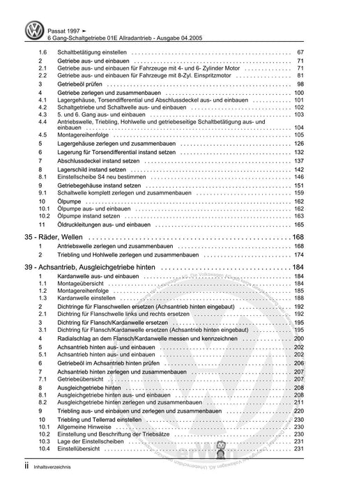 Passat (1997 - 2005) Passat-Passat Variant Reparaturanleitung 6 Gang-Schaltgetriebe 01E Allradantrieb