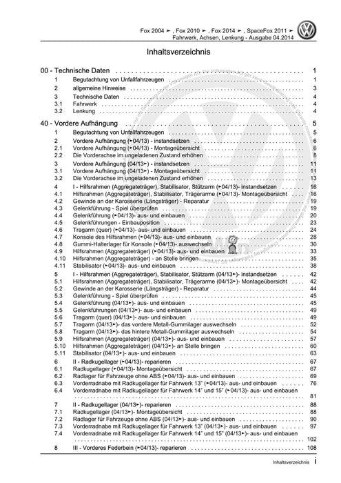 FOX (2004+) Reparaturanleitung Fahrwerk, Achsen, Lenkung