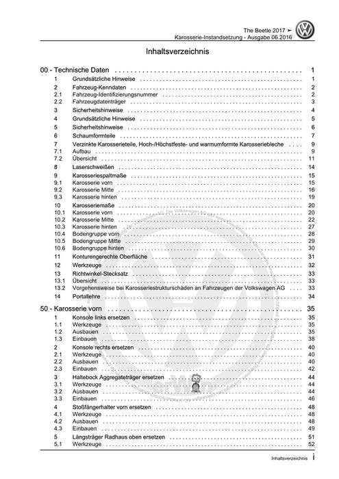 Beetle (2012+) NBL-NBC Reparaturanleitung Karosserie-Instandsetzung