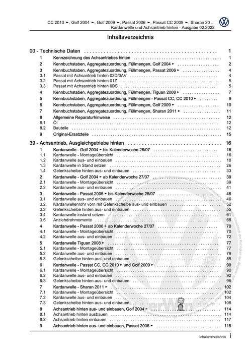 Passat (2005 - 2008) Passat-Passat Variant Reparaturanleitung Kardanwelle und Achsantrieb hinten