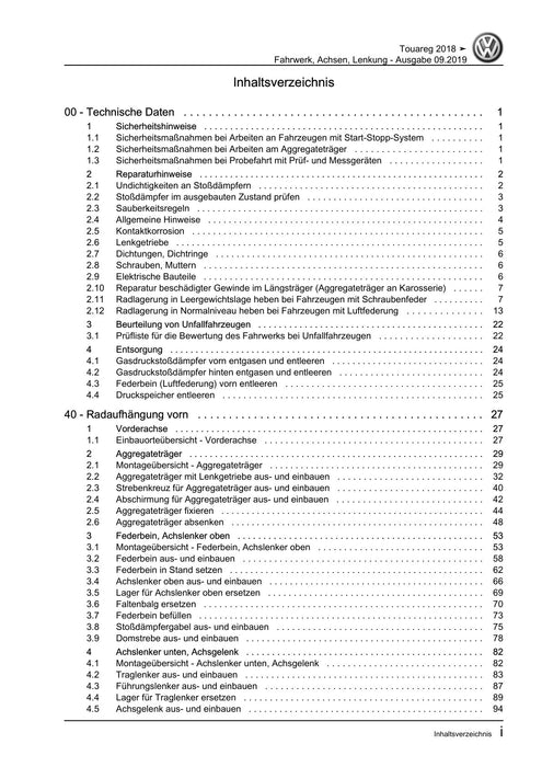 Touareg (2018+) Reparaturanleitung Fahrwerk, Achsen, Lenkung