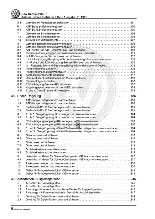 Beetle (1998 - 2010) New Beetle-Cabrio Reparaturanleitung Automatisches Getriebe 01M