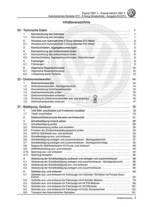 Passat (1997 - 2005) Passat-Passat Variant Reparaturanleitung Automatisches Getriebe 01V - 5 Gang Allradantrieb