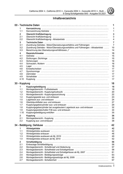Transporter (2010 - 2015) Reparaturanleitung 6 Gang-Schaltgetriebe 0A5