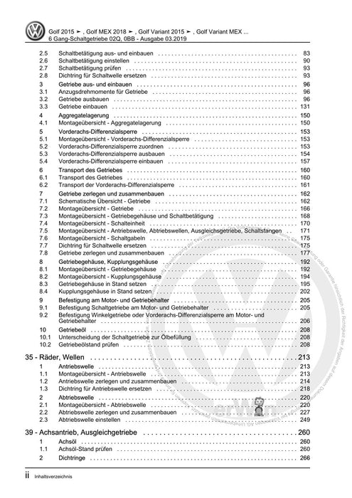 Golf VII (2013+2020)+Golf-Variant-Sportsvan Reparaturanleitung 6 Gang-Schaltgetriebe 02Q, 0BB