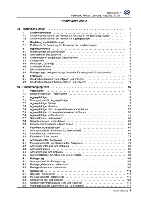 Touran (2016+) Reparaturanleitung Fahrwerk, Achsen, Lenkung