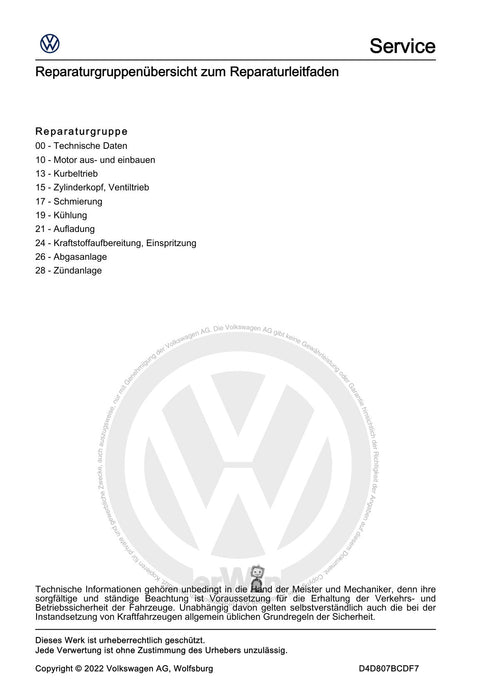 Caddy (2021+) Reparaturanleitung 4 Zyl. Direkteinspritzer (1,5l, 4V, EA211 EVO, Turbolader)