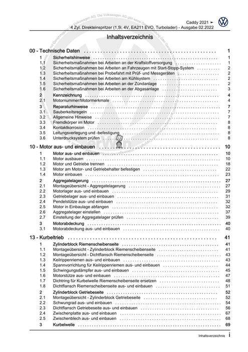 Caddy (2021+) Reparaturanleitung 4 Zyl. Direkteinspritzer (1,5l, 4V, EA211 EVO, Turbolader)
