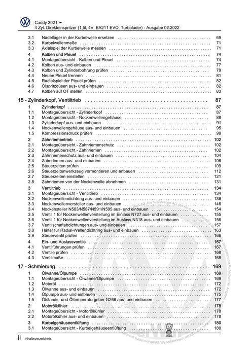 Caddy (2021+) Reparaturanleitung 4 Zyl. Direkteinspritzer (1,5l, 4V, EA211 EVO, Turbolader)