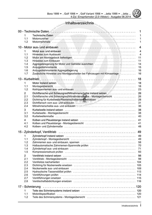 Golf IV (1998 - 2006) Golf-Golf Variant-Bora-Bora Variant Reparaturanleitung 4-Zyl. Einspritzmotor (2,0 l-Motor)