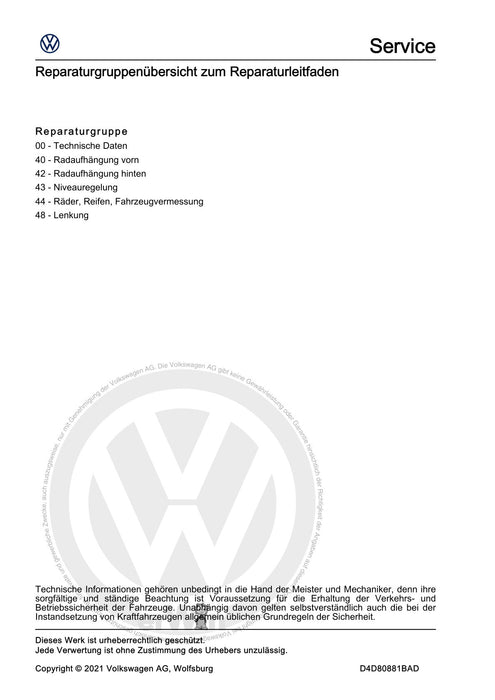Tiguan (2008+) Reparaturanleitung Fahrwerk, Achsen, Lenkung