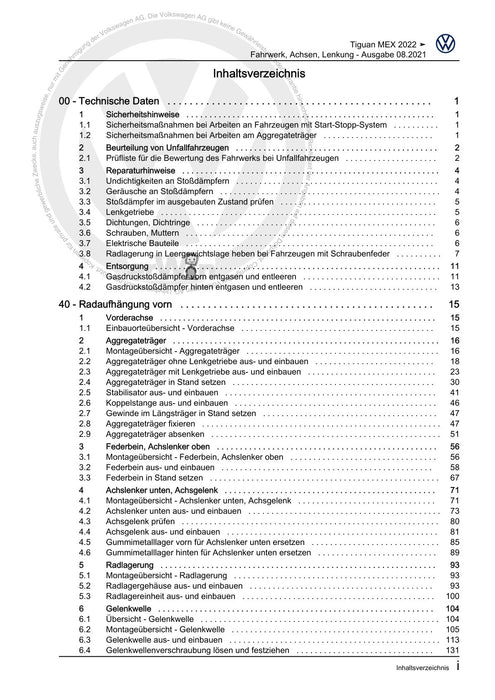 Tiguan (2008+) Reparaturanleitung Fahrwerk, Achsen, Lenkung