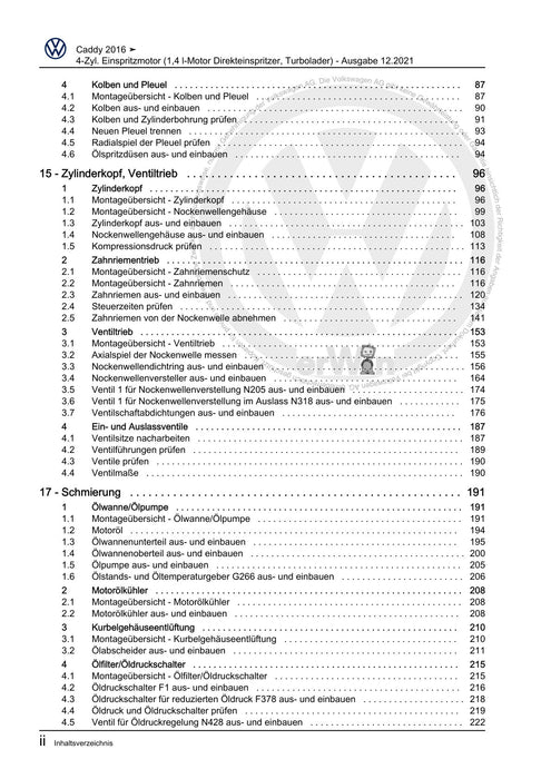 Caddy (2016 - 2020 ) Reparaturanleitung 4-Zyl. Einspritzmotor (1,4 l-Motor Direkteinspritzer, Turbolader)