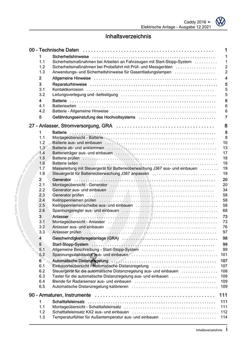 Caddy (2016 - 2020 ) Reparaturanleitung Elektrische Anlage