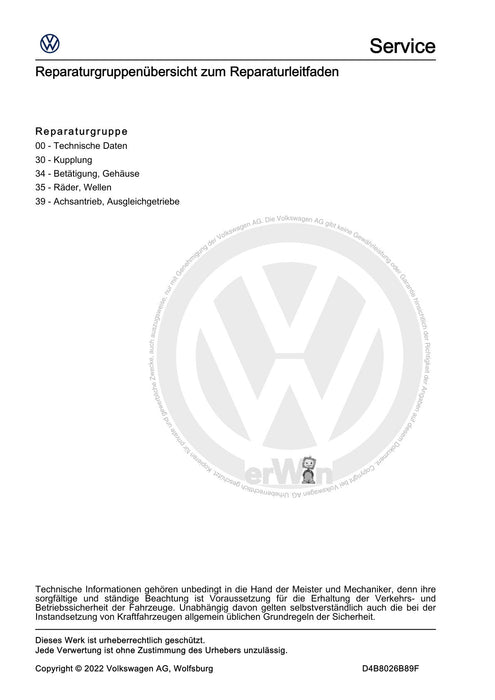 Passat (2011+) Passat-Passat Variant Reparaturanleitung 6 Gang-Doppelkupplungsgetriebe 0D9