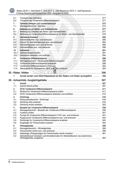 Passat (2011+) Passat-Passat Variant Reparaturanleitung 6 Gang-Doppelkupplungsgetriebe 0D9