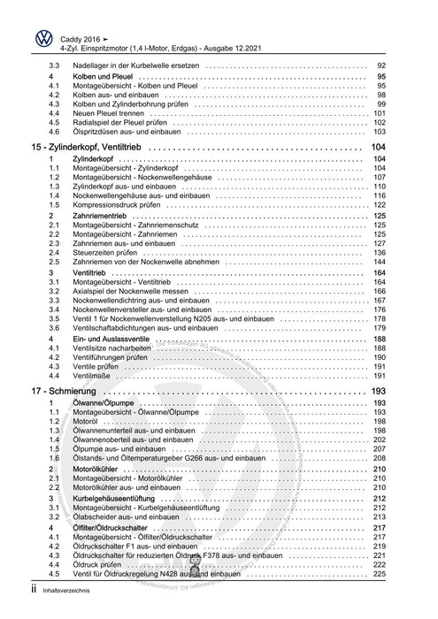 Caddy (2016 - 2020 ) Reparaturanleitung 4-Zyl. Einspritzmotor (1,4 l-Motor, Erdgas)