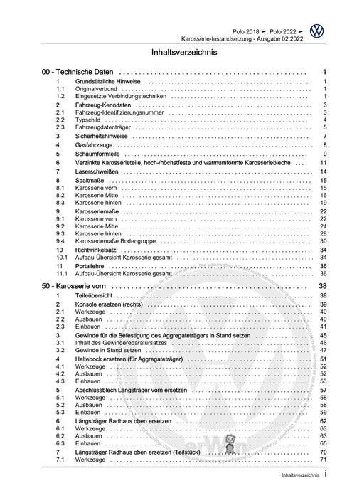 Polo 2018 - 2021 Reparaturanleitung Karosserie-Instandsetzung