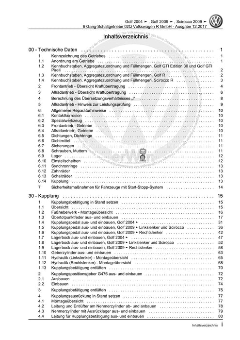 Golf V (2004 - 2007) Golf-Golf Variant-Golf Plus-Jetta Reparaturanleitung 6 Gang-Schaltgetriebe 02Q Volkswagen R GmbH
