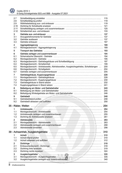 Caddy (2016 - 2020 ) Reparaturanleitung 6 Gang Schaltgetriebe 02Q und 0BB