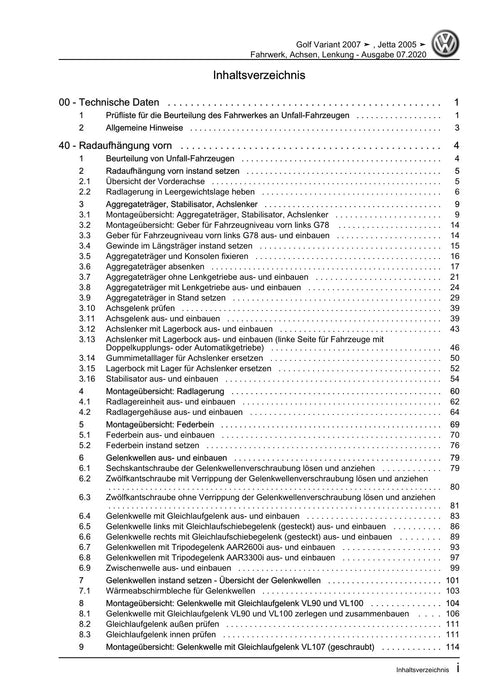 Golf V (2004 - 2007) Golf-Golf Variant-Golf Plus-Jetta Reparaturanleitung Fahrwerk, Achsen, Lenkung