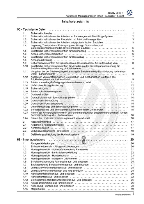 Caddy (2016 - 2020 ) Reparaturanleitung Karosserie-Montagearbeiten Innen