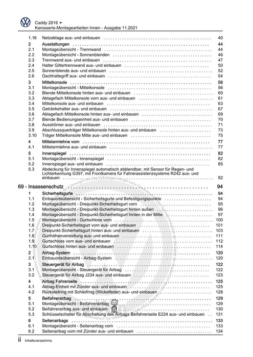 Caddy (2016 - 2020 ) Reparaturanleitung Karosserie-Montagearbeiten Innen
