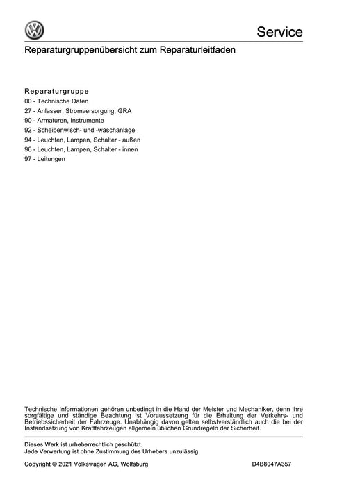 Passat (2011+) Passat-Passat Variant Reparaturanleitung Elektrische Anlage