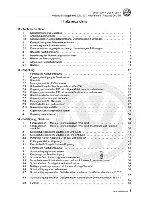 Bora (1999 - 2006) Bora-Bora Variant Reparaturanleitung 6 Gang-Schaltgetriebe 02M, 02Y Allradantrieb