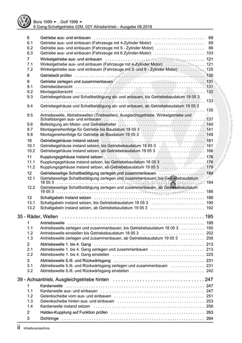 Bora (1999 - 2006) Bora-Bora Variant Reparaturanleitung 6 Gang-Schaltgetriebe 02M, 02Y Allradantrieb