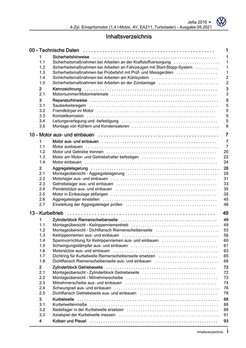 Jetta (1980 - 1988) Jetta Reparaturanleitung 4-Zyl. Einspritzmotor (1,4 l-Motor, 4V, EA211, Turbolader)