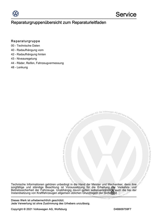 Passat (2019+) Reparaturanleitung Fahrwerk, Achsen, Lenkung