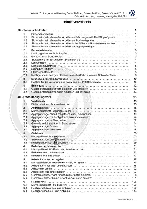 Passat (2019+) Reparaturanleitung Fahrwerk, Achsen, Lenkung