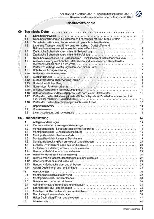 Arteon (2018 - 2020) Reparaturanleitung Karosserie-Montagearbeiten Innen