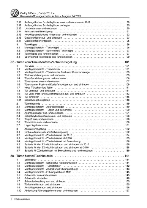 Caddy (2004 - 2010) Caddy-Caddy Kombi Reparaturanleitung Karosserie-Montagearbeiten Außen