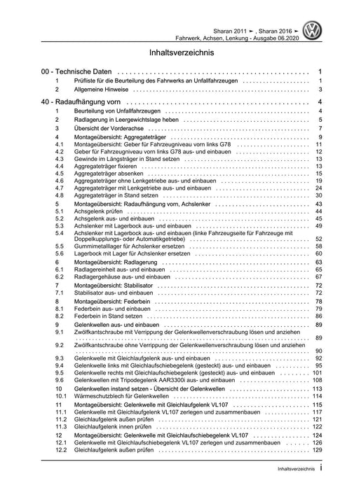 Sharan (2011+) Reparaturanleitung Fahrwerk, Achsen, Lenkung