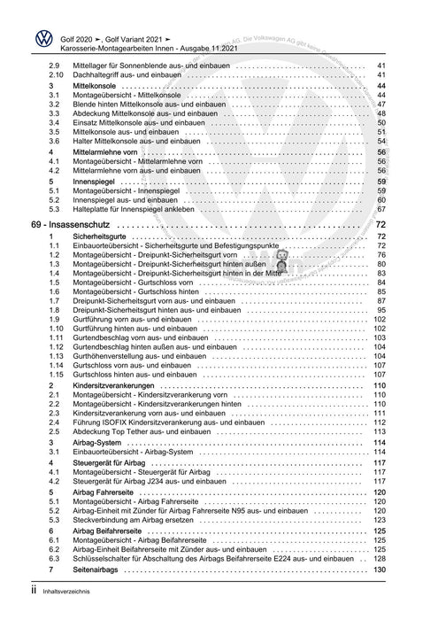 Golf VIII (2020+)+Golf-Variant-Sportsvan Reparaturanleitung Karosserie-Montagearbeiten Innen
