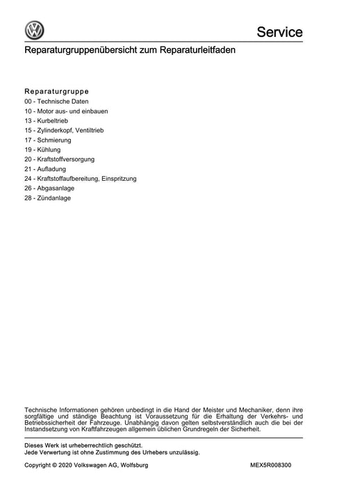 Golf VI (2009 - 2013) Golf-Plus-Cabriolet-Variant Reparaturanleitung 4-Zyl. Einspritzmotor (1,4 l-Motor Direkteinspritzer, EA 111, Turbolader und Kompressor)