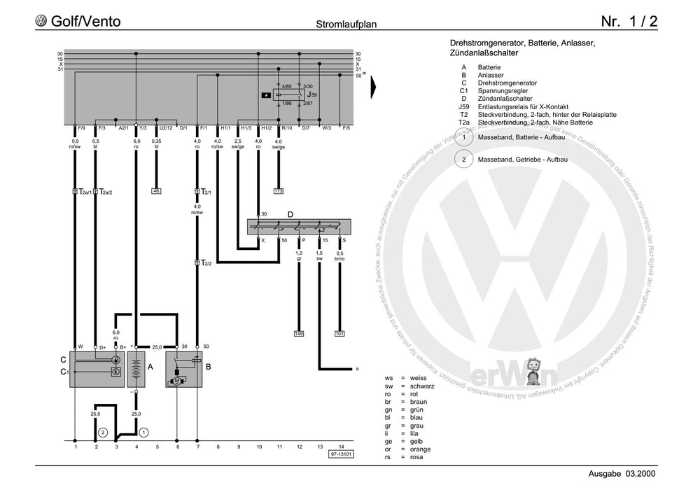 Golf III (1992 - 1999) Golf-Golf Variant-Vento Stromlaufplan 1,9 l-Dieselmotor-47 kW, Motorkennbuchstaben 1 Y, ab Oktober 1991