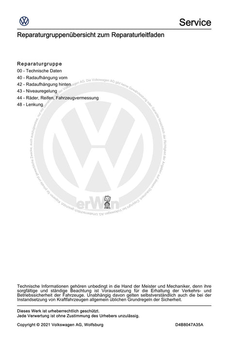 Passat (2011+) Passat-Passat Variant Reparaturanleitung Fahrwerk, Achsen, Lenkung