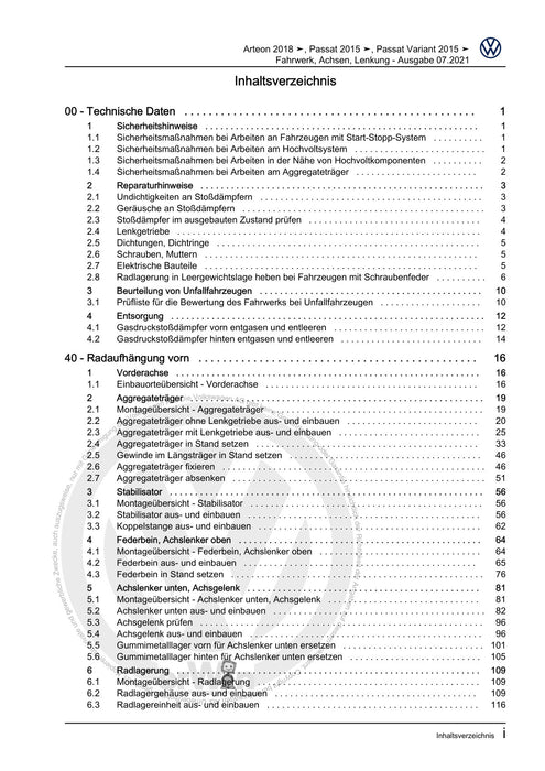 Passat (2011+) Passat-Passat Variant Reparaturanleitung Fahrwerk, Achsen, Lenkung