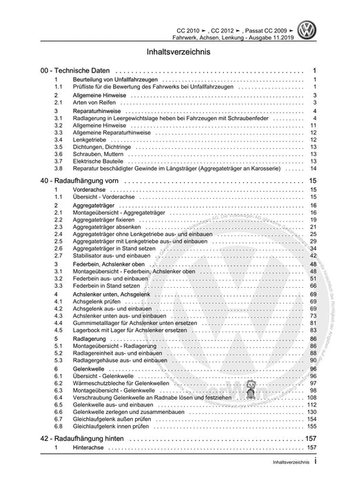 Passat CC (2009) Reparaturanleitung Fahrwerk, Achsen, Lenkung
