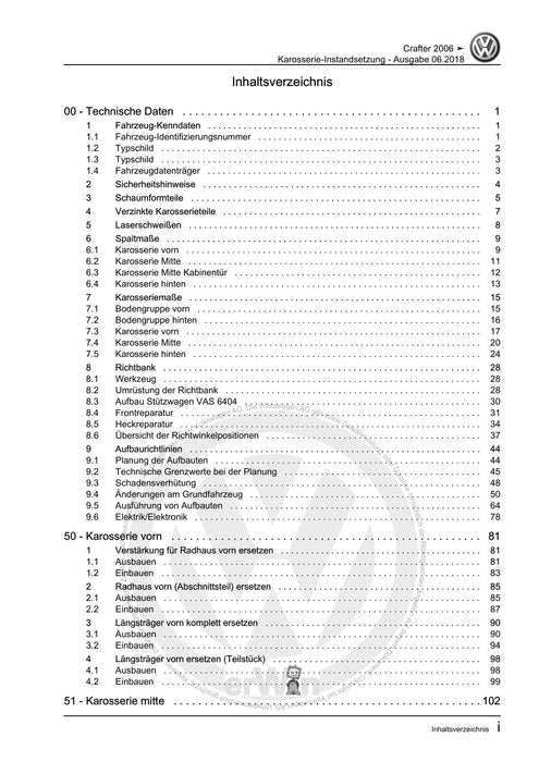 Crafter (2006 - 2016) Reparaturanleitung Karosserie-Instandsetzung