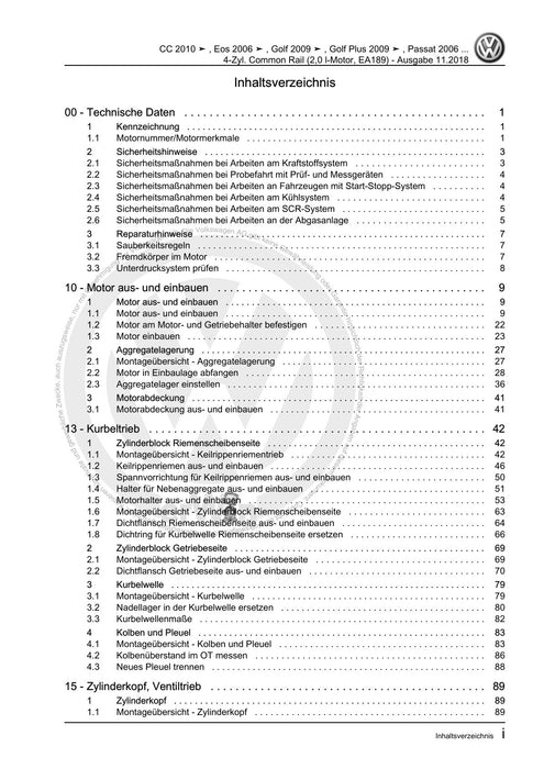 Passat CC (2009) Reparaturanleitung 4-Zyl. Common Rail (2,0 l-Motor, EA189)