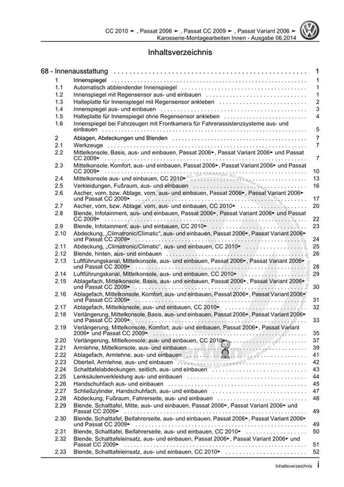 Passat (2005 - 2008) Passat-Passat Variant Reparaturanleitung Karosserie-Montagearbeiten Innen