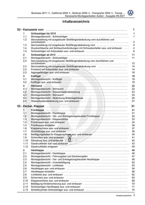 Transporter (2003 - 2007) Reparaturanleitung Karosserie-Montagearbeiten Außen