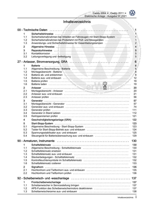 Caddy (2004 - 2010) Caddy-Caddy Kombi Reparaturanleitung Elektrische Anlage