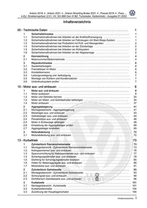 Arteon (2018 - 2020) Reparaturanleitung 4-Zyl. Direkteinspritzer (2,0 l, 4V, EA 888 Gen III BZ, Turbolader, Kettentrieb)